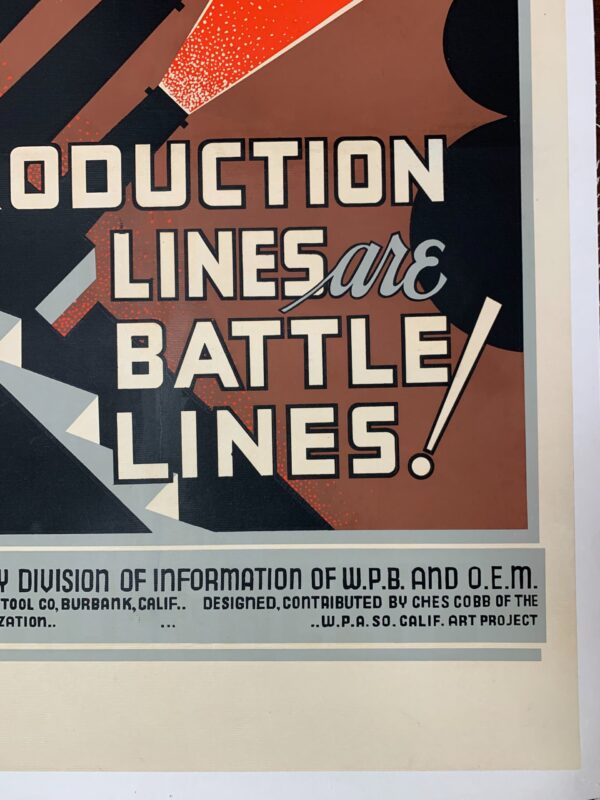 Production Lines are Battle Lines - Art by Chester Cobb (1942) 24x35.5 Rare US WWII Poster LB - Image 4