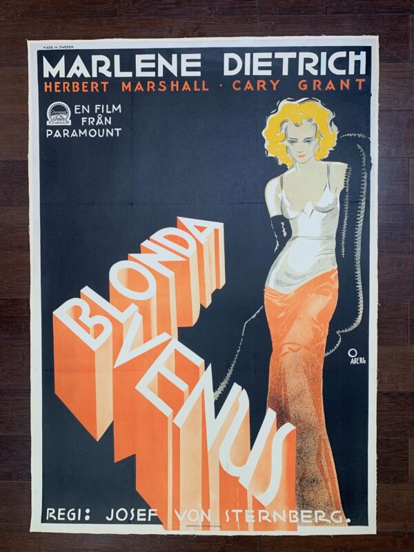 Blonde Venus - Dietrich And Grant - Art By Aberg (1932) 27.625x39.5 Swedish Movie Poster LB