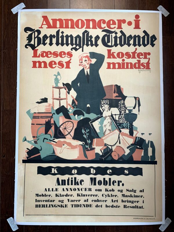 Annoncer Antike Mobler - Art By Thor Bogelund Jensen (1918) 23.25x34.5 Danish Advertising Poster LB