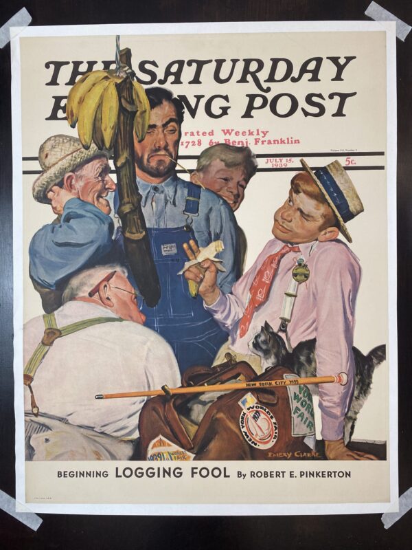 21.5x27.5 1939 Newstand Poster Saturday Evening Post - Art By Emery Clarke world’s Fair Traveler LB