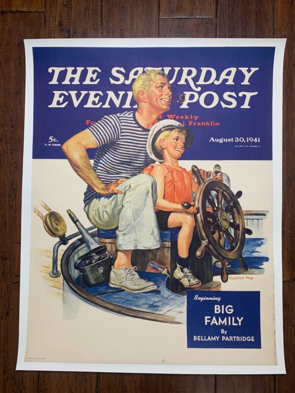 21.125x27.25 1941 Newstand Poster Saturday Evening Post - Art By Charles Dye father Teaching Son To Sail LB
