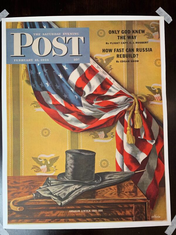 21.75x28 1944 Newstand Poster Saturday Evening Post - Art By John Atherton commemorating Lincoln’s Birthday LB